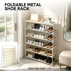 6-Tier Foldable Shoe Rack Pre Assembled Hold up to 24 Pairs of Shoes Freestanding Metal Mesh Shelf for Hallway Entryway Balcony Yard 9.5Lx26.5Wx110Hcm White