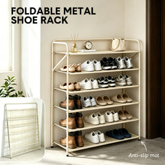 6-Tier Foldable Shoe Rack Pre Assembled Hold up to 24 Pairs of Shoes Freestanding Metal Mesh Shelf for Hallway Entryway Balcony Yard 9.5Lx26.5Wx110Hcm White