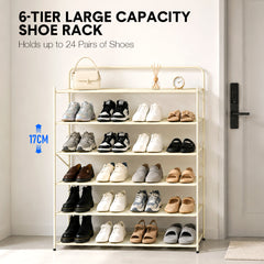 6-Tier Foldable Shoe Rack Pre Assembled Hold up to 24 Pairs of Shoes Freestanding Metal Mesh Shelf for Hallway Entryway Balcony Yard 9.5Lx26.5Wx110Hcm White