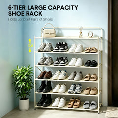 6-Tier Foldable Shoe Rack Pre Assembled Hold up to 24 Pairs of Shoes Freestanding Metal Mesh Shelf for Hallway Entryway Balcony Yard 9.5Lx26.5Wx110Hcm White