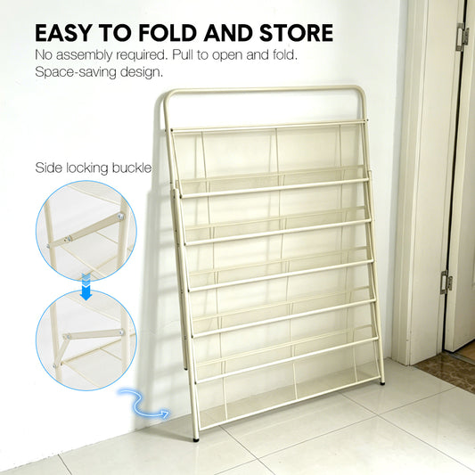 6-Tier Foldable Shoe Rack Hold up to 24 Pairs of Shoes Freestanding Metal Mesh Shelf for Hallway Entryway Balcony Yard No Assembly 89.5Lx26.5Wx110Hcm White