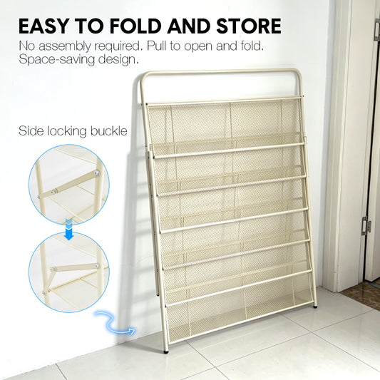6-Tier Foldable Shoe Rack Pre Assembled Hold up to 24 Pairs of Shoes Freestanding Metal Mesh Shelf for Hallway Entryway Balcony Yard 9.5Lx26.5Wx110Hcm White