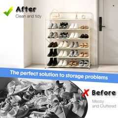 6-Tier Foldable Shoe Rack Pre Assembled Hold up to 24 Pairs of Shoes Freestanding Metal Mesh Shelf for Hallway Entryway Balcony Yard 9.5Lx26.5Wx110Hcm White
