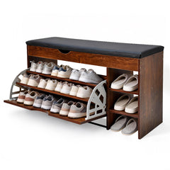 3-Tier Shoe Storage Bench Seat Entryway Shoe Rack Cabinet with Lift Top Storage and PU Leather Cushion for Home Apartment Entrances Hallways 100x30x51.5cm