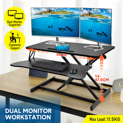 94cm Desk Converter Dual Monitor and Laptop Workstation Ergonomic Design Height Adjustable Sit to Stand Riser with Wide Keyboard Tray for Office