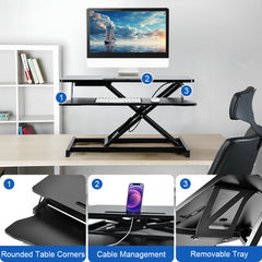94cm Desk Converter Dual Monitor and Laptop Workstation Ergonomic Design Height Adjustable Sit to Stand Riser with Wide Keyboard Tray for Office