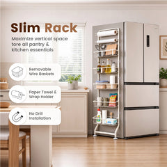 7-Tier Narrow Gap Storage Shelf Slim Refrigerator Side Storage Rack with Sliding Baskets and Paper Towel Holder for Kitchen Bathroom No Drill Height 178cm