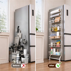 7-Tier Narrow Gap Storage Shelf Slim Refrigerator Side Storage Rack with Sliding Baskets and Paper Towel Holder for Kitchen Bathroom No Drill Height 178cm
