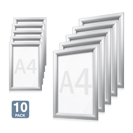 10 Pack A4 Snap Frame Aluminum Front Loading 25mm Mitred Frame with PVC Cover for Wall Mounted Certificate Photo Notice Posters Includes Fixing Kit