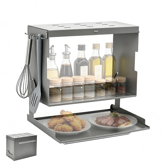 Wall Spice Rack Magnetic Flip Down Prep Tray Cabinet Steel Large Capacity Foldable Double Layer Kitchen Storage Organizer with Hooks for Spices and Dishes