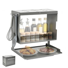 Wall Spice Rack Magnetic Flip Down Prep Tray Cabinet Steel Large Capacity Foldable Double Layer Kitchen Storage Organizer with Hooks for Spices and Dishes