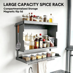 Wall Spice Rack Magnetic Flip Down Prep Tray Cabinet Steel Large Capacity Foldable Double Layer Kitchen Storage Organizer with Hooks for Spices and Dishes