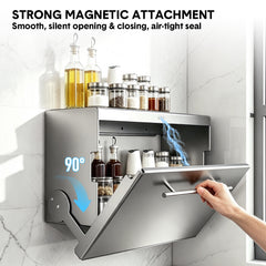 Wall Spice Rack Magnetic Flip Down Prep Tray Cabinet Steel Large Capacity Foldable Double Layer Kitchen Storage Organizer with Hooks for Spices and Dishes