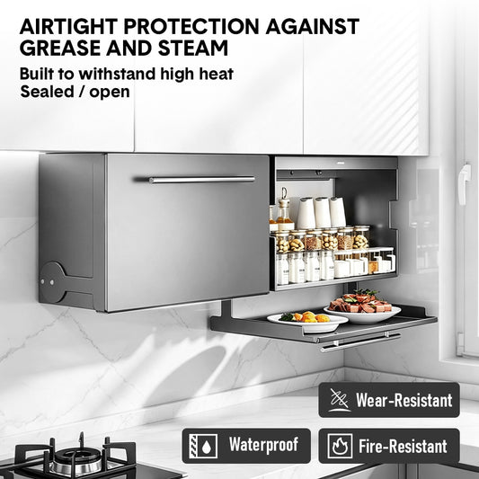 Wall Spice Rack Magnetic Flip Down Prep Tray Cabinet Steel Large Capacity Foldable Double Layer Kitchen Storage Organizer with Hooks for Spices and Dishes