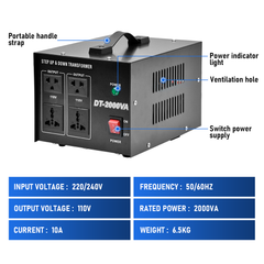2000VA Step Up/Down Transformer Stepdown Voltage Converter 220V/240V to 110V Fit for Change Voltage with AU Plug Circuit Protection