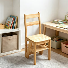 Convertible Wooden Step Ladder Chair 4 Step Folding Chair Solid Pine Wood 120kg Capacity Space Saving Kitchen Household Step Stool Storage Display Shelf