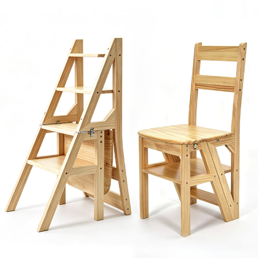 Convertible Wooden Step Ladder Chair 4 Step Folding Chair Solid Pine Wood 120kg Capacity Space Saving Kitchen Household Step Stool Storage Display Shelf