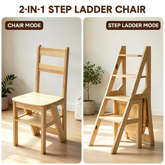 Convertible Wooden Step Ladder Chair 4 Step Folding Chair Solid Pine Wood 120kg Capacity Space Saving Kitchen Household Step Stool Storage Display Shelf