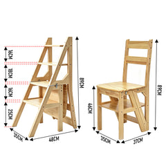 Convertible Wooden Step Ladder Chair 4 Step Folding Chair Solid Pine Wood 120kg Capacity Space Saving Kitchen Household Step Stool Storage Display Shelf