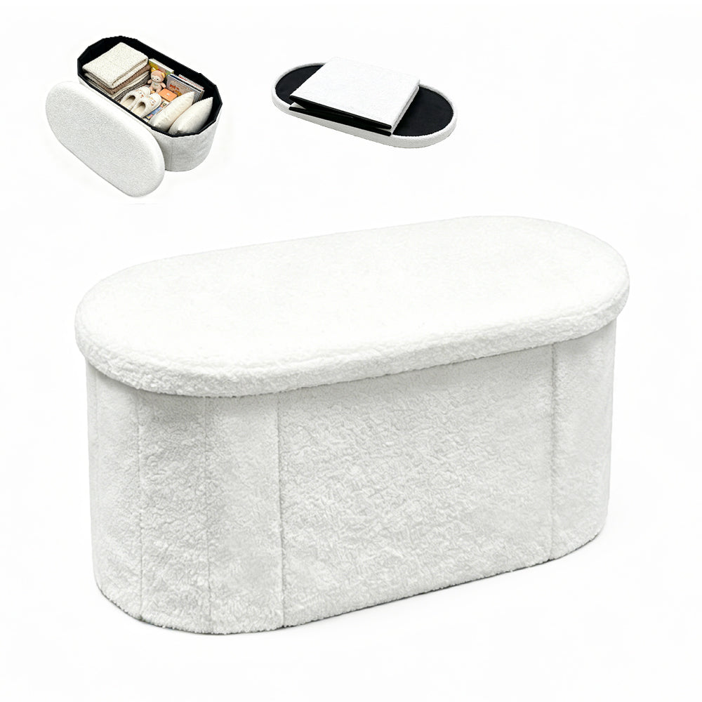 Oval Storage Ottoman Bench with 85L Hidden Storage Teddy Fleece Footrest Foldable Shoe Bench 150kg Capacity for Bedroom Living Room White
