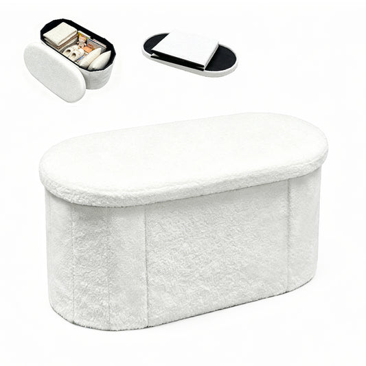 Oval Storage Ottoman Bench with 85L Hidden Storage Teddy Fleece Footrest Foldable Shoe Bench 150kg Capacity for Bedroom Living Room White
