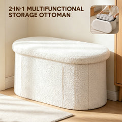Oval Storage Ottoman Bench with 85L Hidden Storage Teddy Fleece Footrest Foldable Shoe Bench 150kg Capacity for Bedroom Living Room White