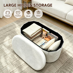 Oval Storage Ottoman Bench with 85L Hidden Storage Teddy Fleece Footrest Foldable Shoe Bench 150kg Capacity for Bedroom Living Room White