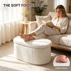 Oval Storage Ottoman Bench with 85L Hidden Storage Teddy Fleece Footrest Foldable Shoe Bench 150kg Capacity for Bedroom Living Room White