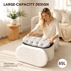 Oval Storage Ottoman Bench with 85L Hidden Storage Teddy Fleece Footrest Foldable Shoe Bench 150kg Capacity for Bedroom Living Room White