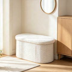 Oval Storage Ottoman Bench with 85L Hidden Storage Teddy Fleece Footrest Foldable Shoe Bench 150kg Capacity for Bedroom Living Room White