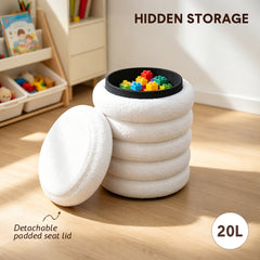 Round Storage Ottoman Teddy Fleece Vanity Stool Comfy Seat with 20L Hidden Storage for Living Room Bedroom Entryway No Assembly 150kg Capacity 37x46cm