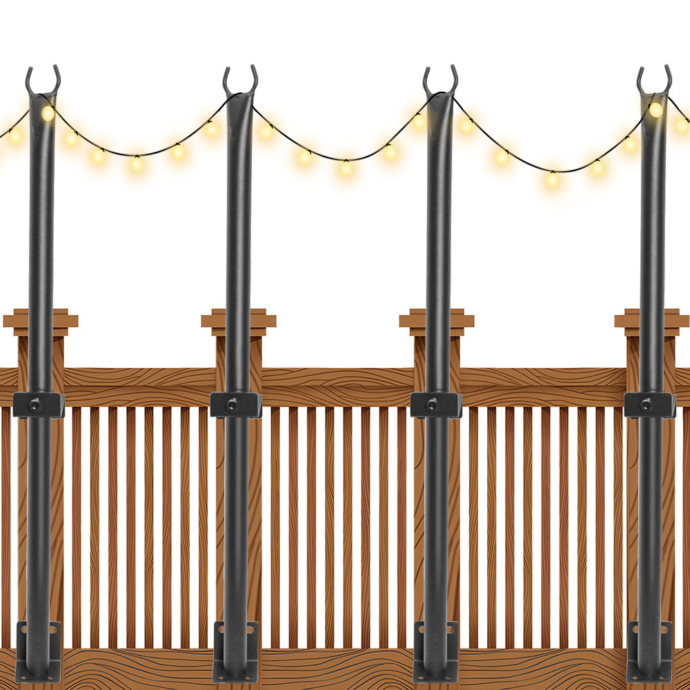 4 Pack String Light Poles 113cm Height Wall-Mounted Lighting Brackets Outdoor Metal Hanging Light Poles with Fixing Clips for Patio Deck Fence Garden