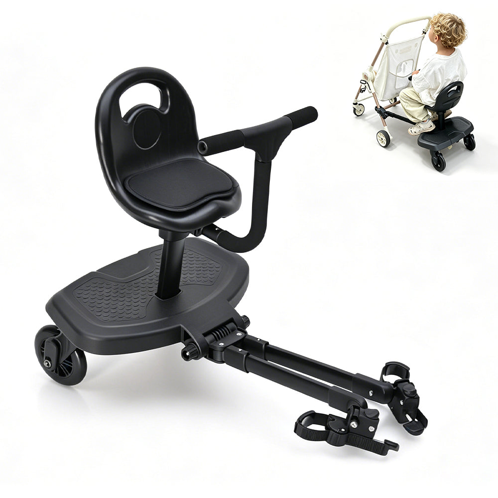 Universal Stroller Board Child Rider Stroller Attachment 360 Rotatable with Saddle Seat and Non-Slip Footboard Adjustable Buggy Board 25kg Load Capacity