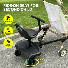 Universal Stroller Board Child Rider Stroller Attachment 360 Rotatable with Saddle Seat and Non-Slip Footboard Adjustable Buggy Board 25kg Load Capacity
