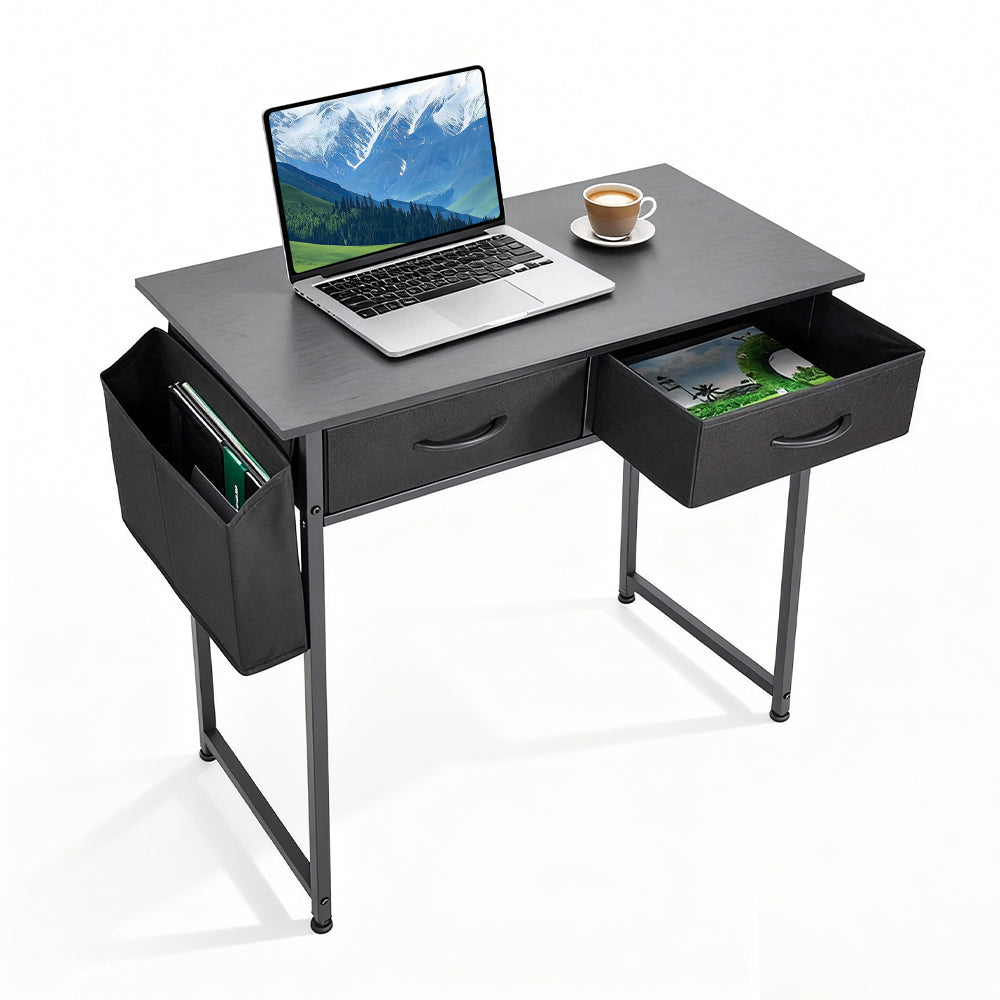 80cm Study Desk Home Office Computer Desk with 2 Fabric Drawers Side Pocket and Hook Modern Small Writing Table for Bedroom Dorm Small Spaces Black