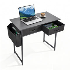 80cm Study Desk Home Office Computer Desk with 2 Fabric Drawers Side Pocket and Hook Modern Small Writing Table for Bedroom Dorm Small Spaces Black