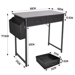 80cm Study Desk Home Office Computer Desk with 2 Fabric Drawers Side Pocket and Hook Modern Small Writing Table for Bedroom Dorm Small Spaces Black