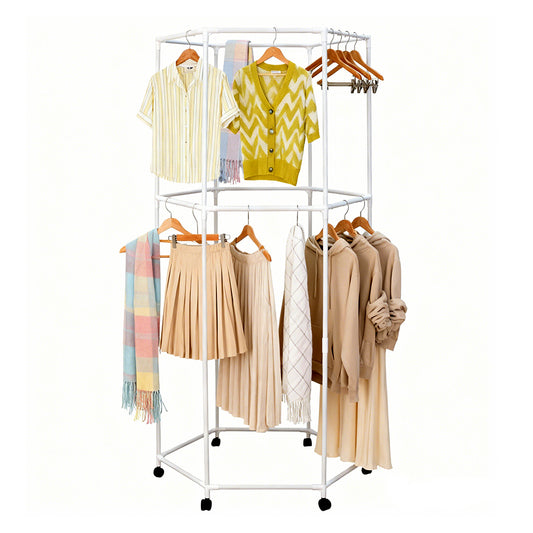 Hexagonal Rotating Clothing Rack 2-Tier 360 Swivel Metal Clothes Drying Rack with Wheels For Dorm Bedroom Apartment Freestanding Garment Organizer 80x178cm