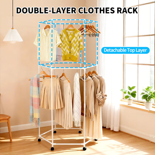 Hexagonal Rotating Clothing Rack 2-Tier 360 Swivel Metal Clothes Drying Rack with Wheels For Dorm Bedroom Apartment Freestanding Garment Organizer 80x178cm