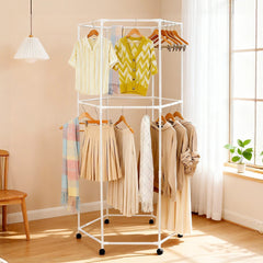 Hexagonal Rotating Clothing Rack 2-Tier 360 Swivel Metal Clothes Drying Rack with Wheels For Dorm Bedroom Apartment Freestanding Garment Organizer 80x178cm