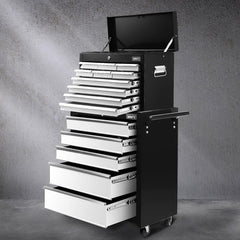 Giantz 15 Drawers Tool Chest Trolley Toolbox 2-in-1 Storage Black& Grey