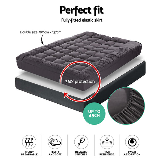 Giselle Bedding Bamboo Charcoal Filling Pillowtop Topper 1000GSM 5cm Thick Pillowtop Pad for Back Pain Relief Washable with 45cm Deep Pocket Double
