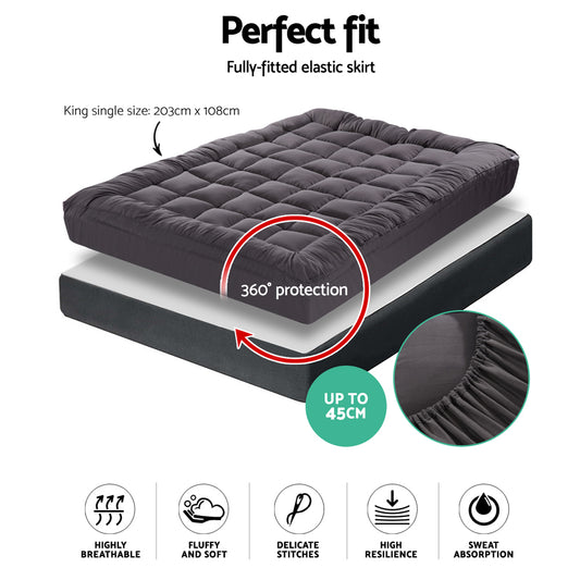Giselle Bedding Bamboo Charcoal Filling Pillowtop Topper 1000GSM 5cm Thick Pillowtop Pad for Back Pain Relief Washable with 45cm Deep Pocket King Single