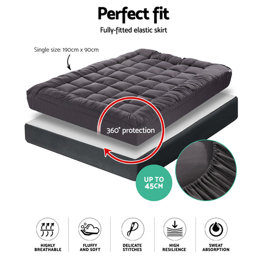 Giselle Bedding Bamboo Charcoal Filling Pillowtop Topper 1000GSM 5cm Thick Pillowtop Pad for Back Pain Relief Washable with 45cm Deep Pocket Single