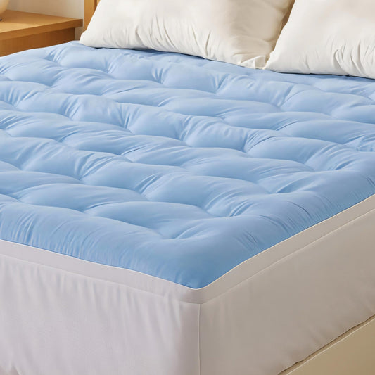 Giselle Bedding Pillowtop Mattress Topper 5cm Reversible Cooling & Soft Coral Fleece Pad for Back Pain Relief, Washable Skin-friendly Bed Protector with 45cm Deep Pocket Double