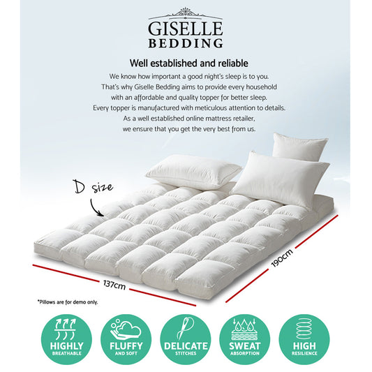 Giselle Bedding Pillowtop Mattress Topper 5cm Thick Pad for Back Pain Relief Washable Underlay Protector 1000GSM Microfibre Filling 45cm Deep Pocket Double