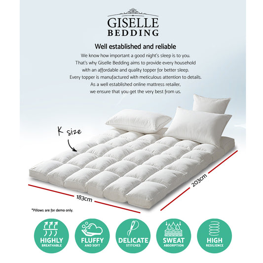 Giselle Bedding Pillowtop Mattress Topper 5cm Thick Pad for Back Pain Relief Washable Underlay Protector 1000GSM Microfibre Filling 45cm Deep Pocket King