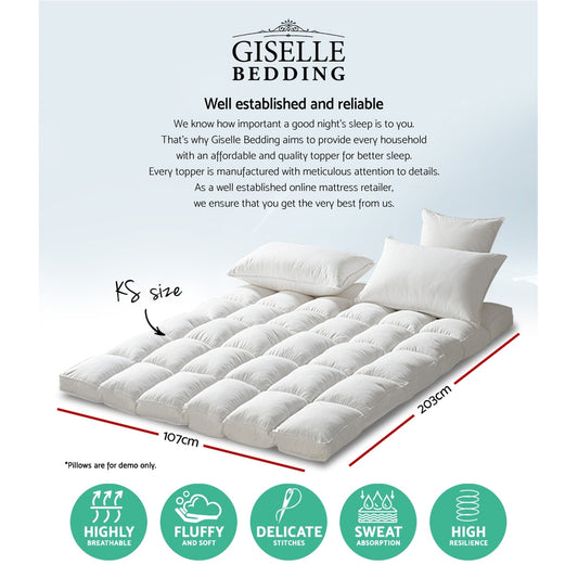 Giselle Bedding Pillowtop Mattress Topper 5cm Thick Pad for Back Pain Relief Washable Underlay Protector 1000GSM Microfibre Filling 45cm Deep Pocket King Single