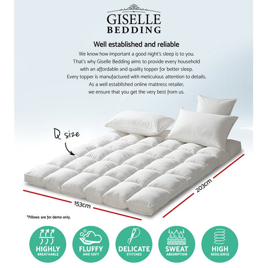 Giselle Bedding Pillowtop Mattress Topper 5cm Thick Pad for Back Pain Relief Washable Underlay Protector 1000GSM Microfibre Filling 45cm Deep Pocket Queen