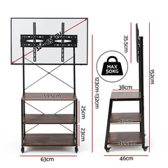 Artiss Mobile TV Stand 32-65 Inch TVs Mount 50kg with 3 MDF Shelves Lockable Wheels Adjustable Feet